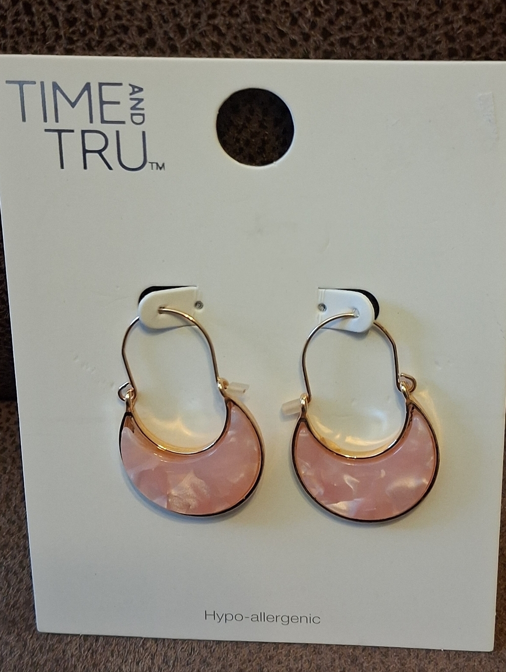 Time and Tru Gold-Tone Earrings with Pink Marbled Inlay